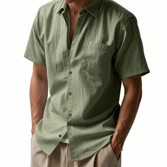 JULMCOMO Linen Shirts for Men Collared Button Down Short Sleeve Shirt Loose Fit Casual Breathable Summer Clothes with Chest Pocket Army Green S