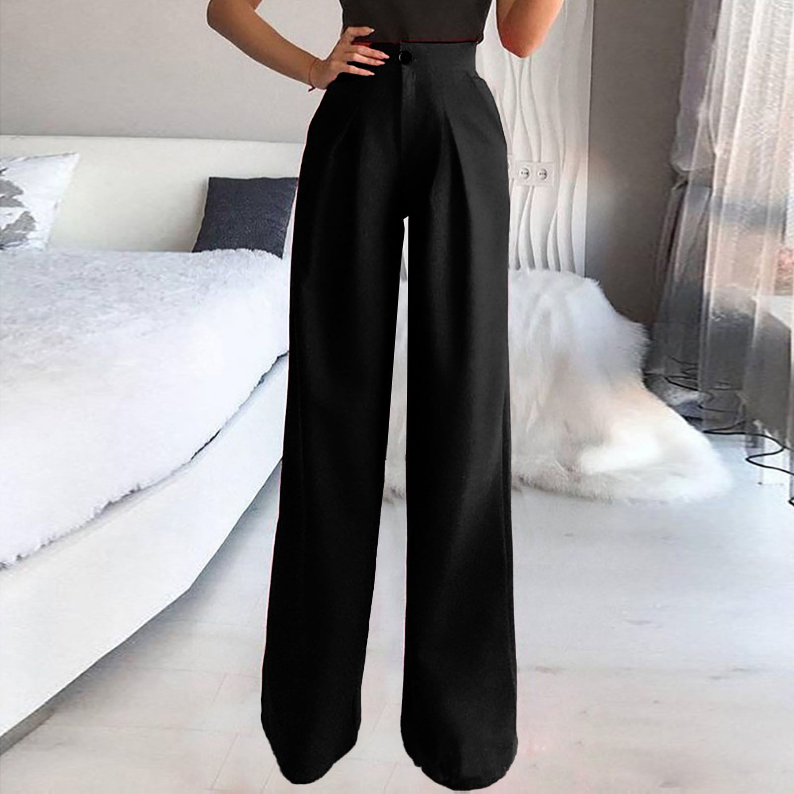 MINzYI Women's Pants for Work High Elastic Waisted Button Zipper Business  Casual Trousers Wide Leg Long Straight Suit Pants, A#01 Black, Small :  : Clothing, Shoes & Accessories