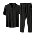 thumbnail image 2 of Summer Men's 2-Piece Sports Suit, Thin Fashion Short Sleeve Top and Pants, Lightweight Luxury Trendy Outfit For Hot Weather Athletic Wear,Black,L, 2 of 9