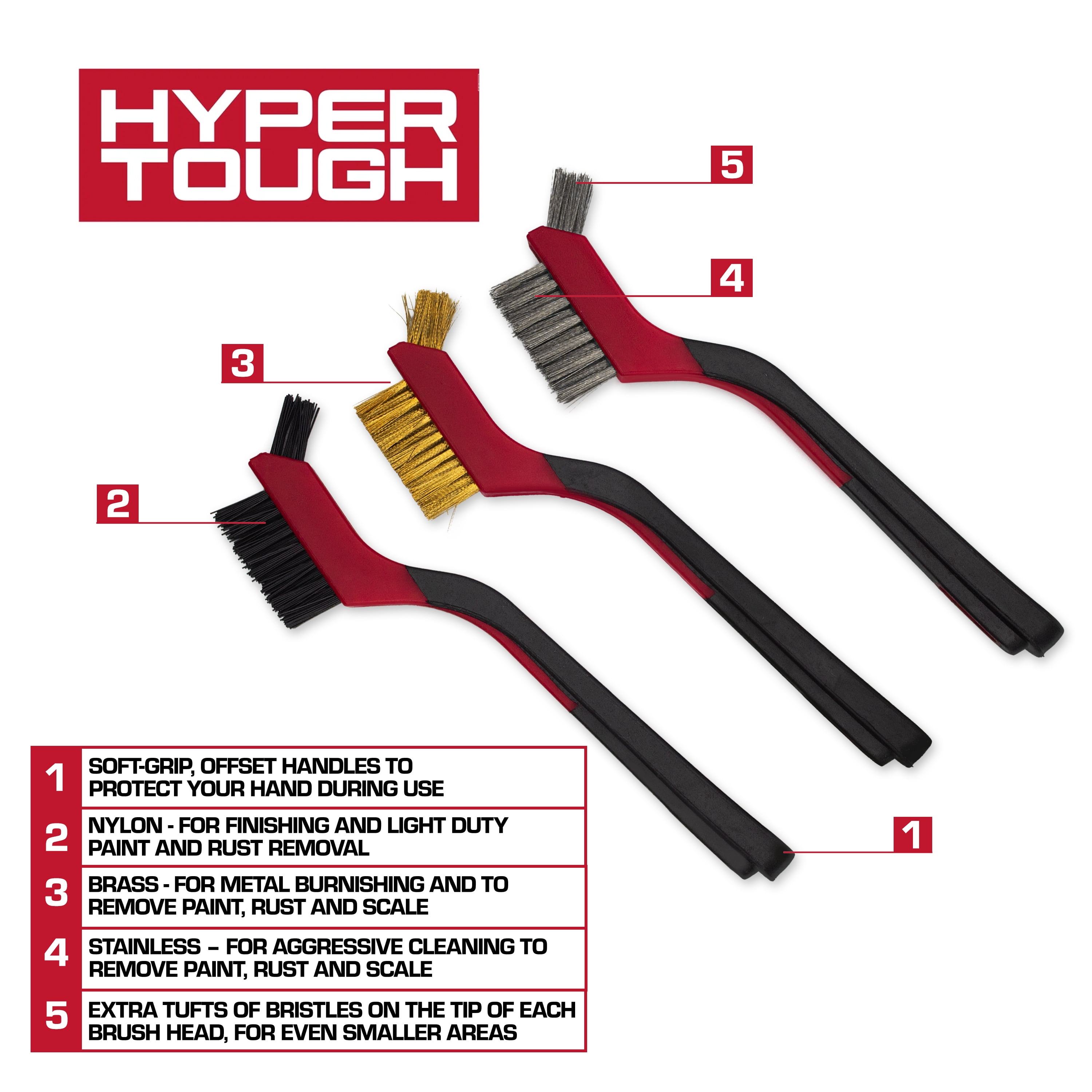 Hyper Tough Mini Brush Set 3-Pack Nylon Brass Stainless Steel for