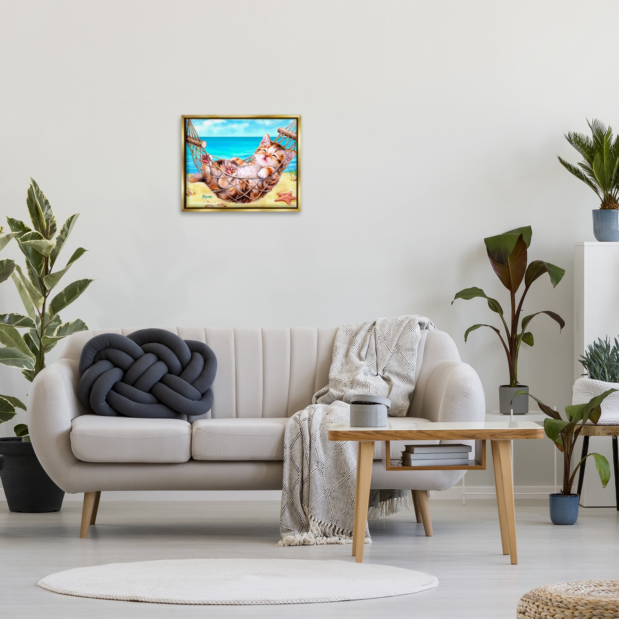 Stupell Industries Kitten in Beach Hammock Animals & Insects Painting Gold Floater Framed Canvas Art Print Wall Art, 21 x 17