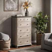 BELLEZE 48" Drawer Dresser Chest with 5 Drawers, Rustic Tall Wooden Bedside Storage Cabinet Farmhouse Clothes Organizer for Bedroom or Living Room, Antique White