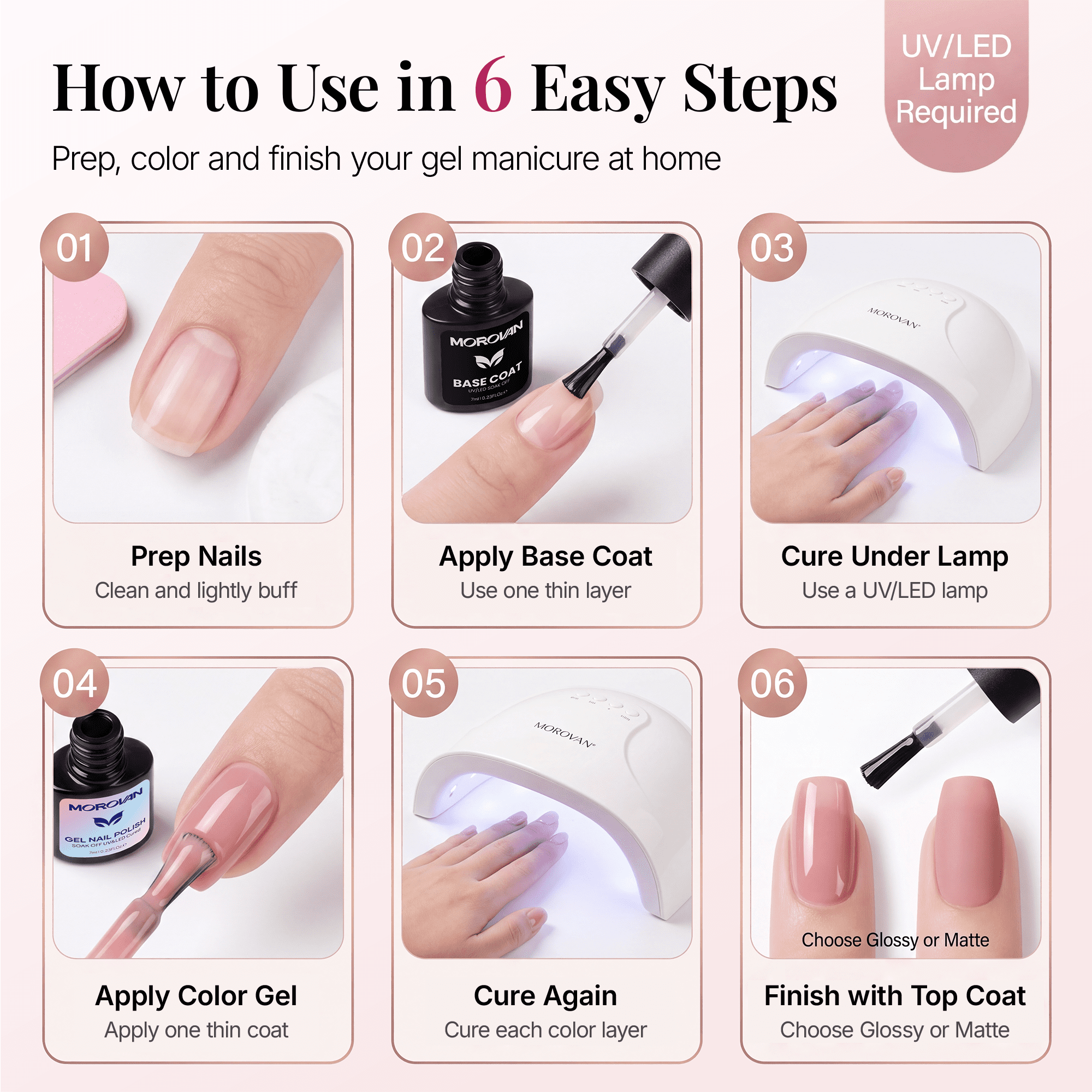 Morovan 13-Piece Sheer Nude Pink Gel Nail Polish Set with Base Coat, Top Coat & Matte Top Coat for Easy DIY Manicure
