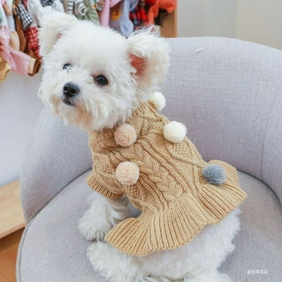 Dog Sweater Dress, Pet Sweater with Colorful Pom Pom Warm Knitwear Pullover Dog Skirt Puppy Princess Dress Apparel for Small Medium Dogs and Cats