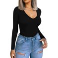 thumbnail image 2 of Xishao playera de manga corta con cuello en V y manga larga para mujer, ajuste entallado, B Manga Larga Negro, L Xishao ropa, 2 of 2