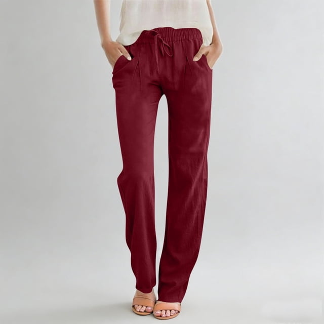 Karight Cotton Linen Pants Women Casual Straight Leg Drawstring Elastic Hight Waist Trousers Pockets Loose Palazzo Pants