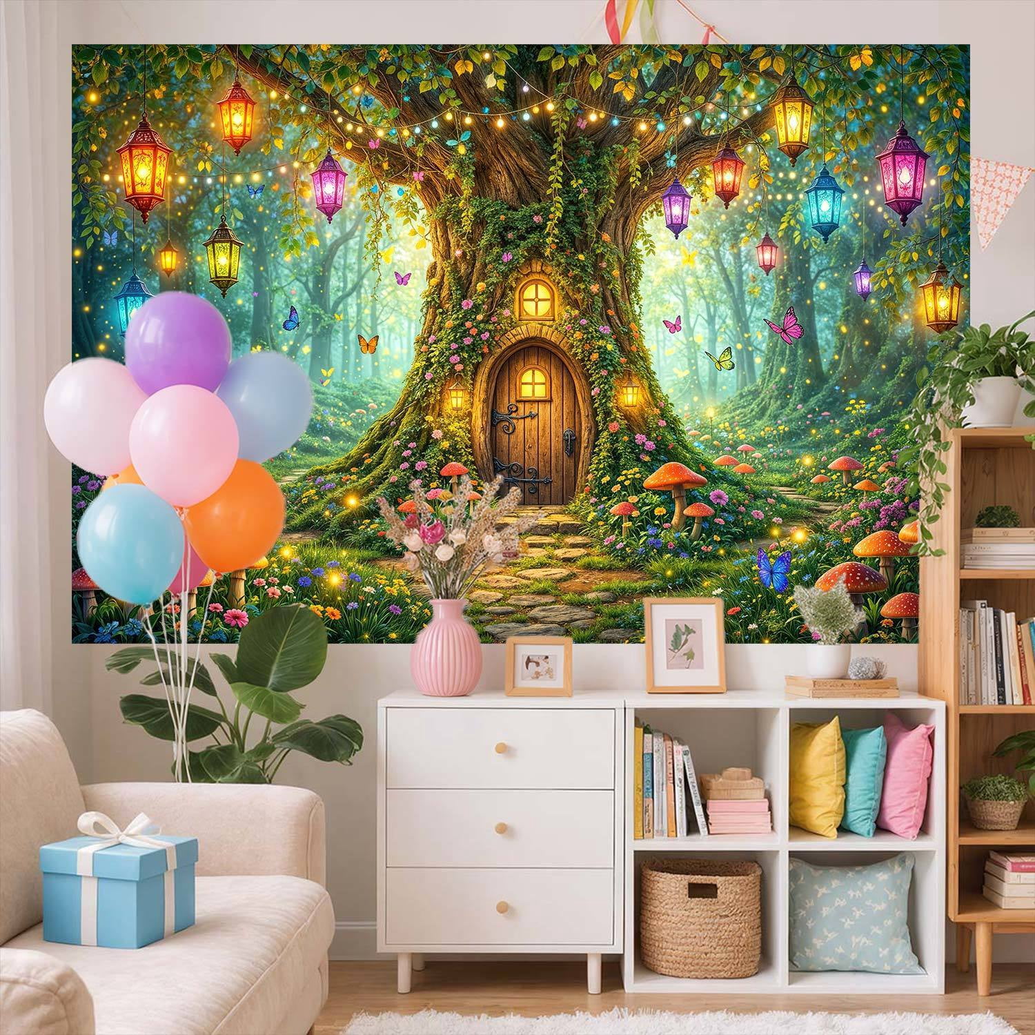 Enchanted Forest Fairy Treehouse Photography Backdrop, Magical Mushroom Lantern Butterfly Background for Kids Birthday Party Baby Shower Photo Booth Decorations Banner, 10x8ft