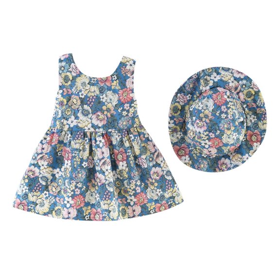 Coerni Toddler Baby Girls Sleeveless Sundress Girls Tutu Dress Bow Floral Print Princess Dress with Hat Beach Summer Outfits