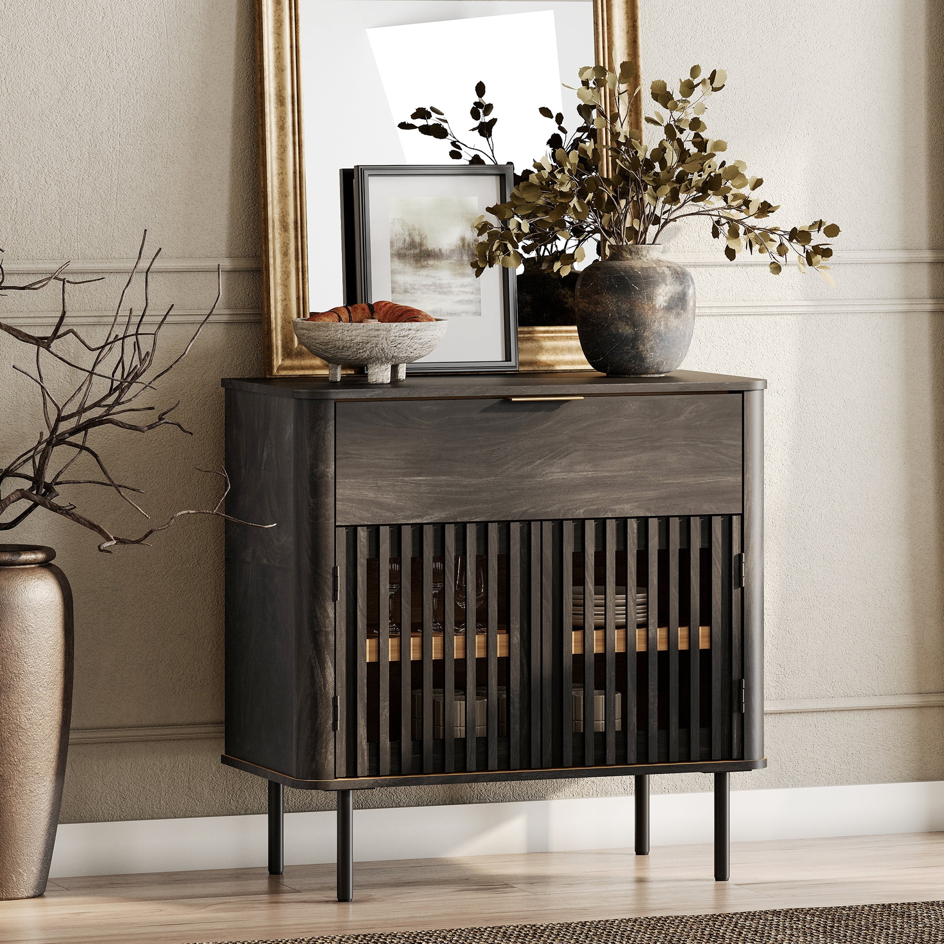 31.5" W 1-Drawer and 2-Door Fluted Sideboard with Adjustable Shelf, Black