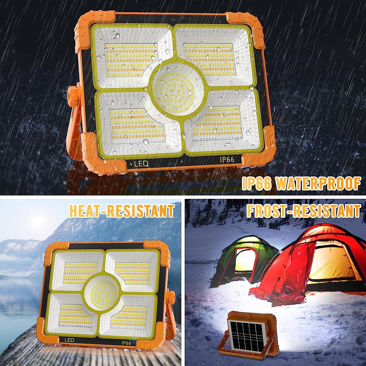 100W LED Solar Work Light, 466 LED 10000LM Magnetic Worklight with 5 Modes, 12000mAh Battary Rechargeable, IP66 Waterproof Portable Solar Power Outdoor Working Light for Emergency, Repair, Camping