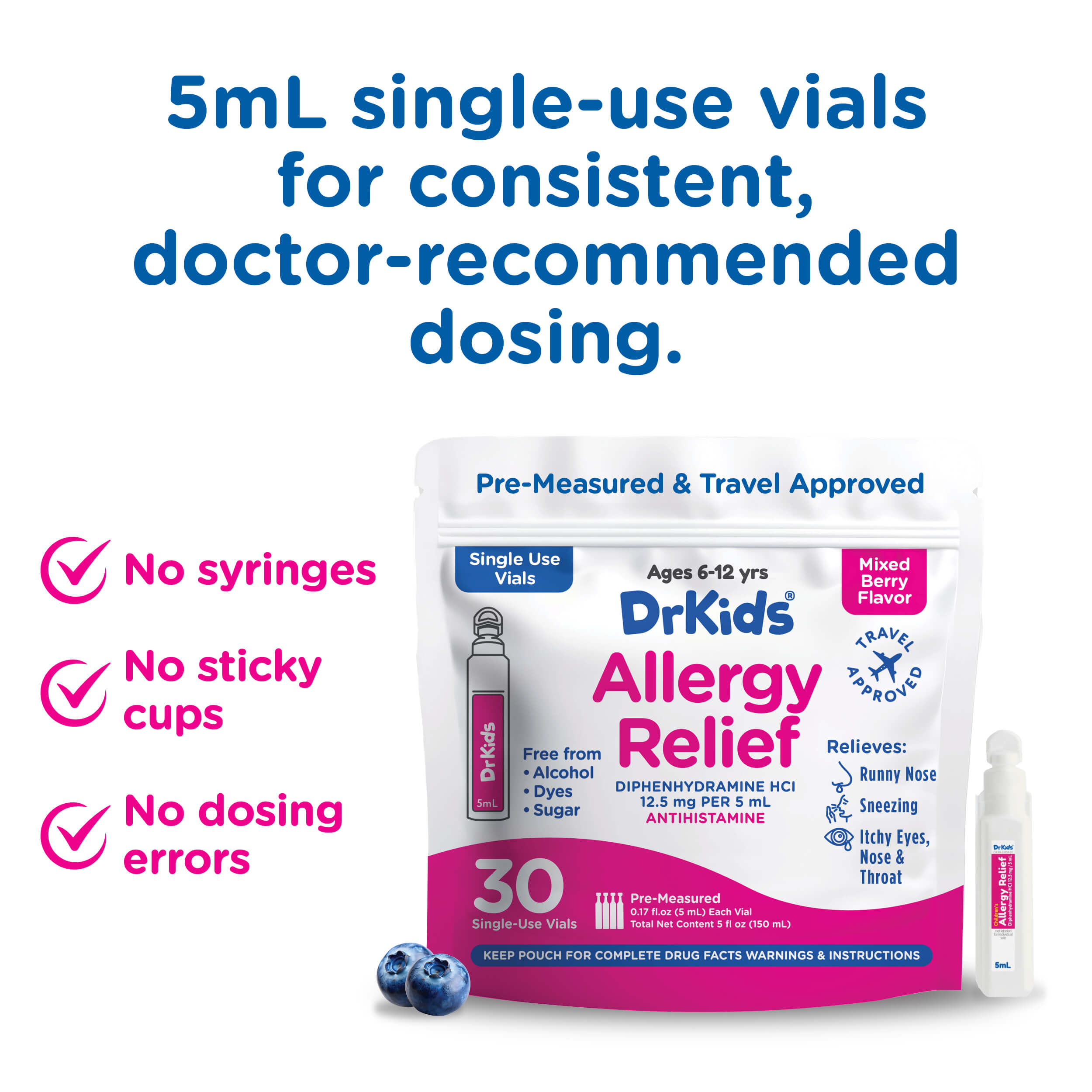 DrKids Children's Allergy Relief Medicine with Diphenhydramine - Pre-Measured Single-Use Vials - Antihistamine for Sneezing, Runny Nose & Itchy Eyes, Mixed Berry Flavor, 30 Vials