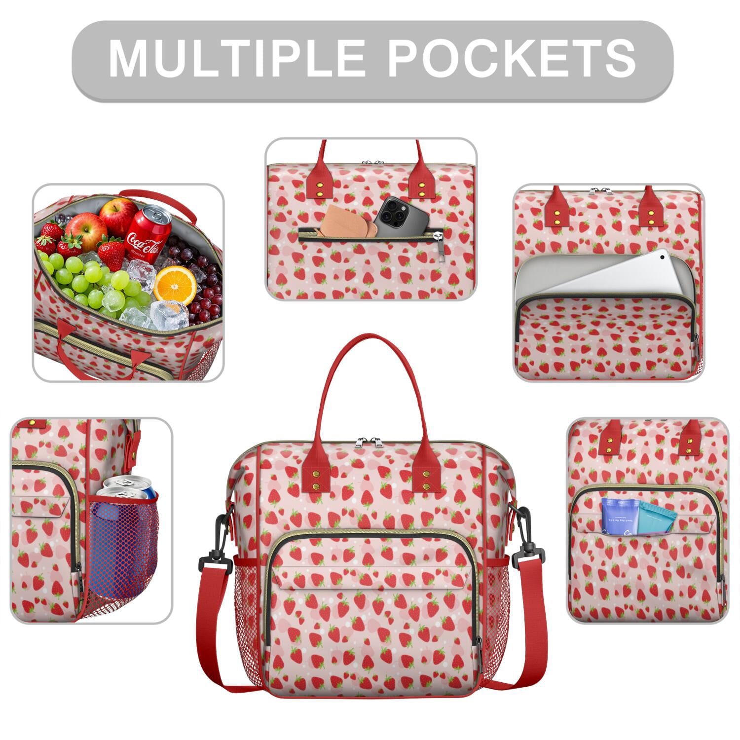 Sweet Strawberry Large Cooler Bag - Leakproof Insulated Lunch Tote with Multi-Pocket, Durable Handles for Office, Travel (Fresh Berry & Flower Pattern)