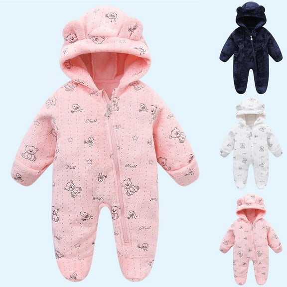 NAISIBABY Newborn Flannel Jumpsuit, Graphic Hooded Full Zip-Up Thicken Warm Baby Winter Home One-Piece Romper Pink 9Months