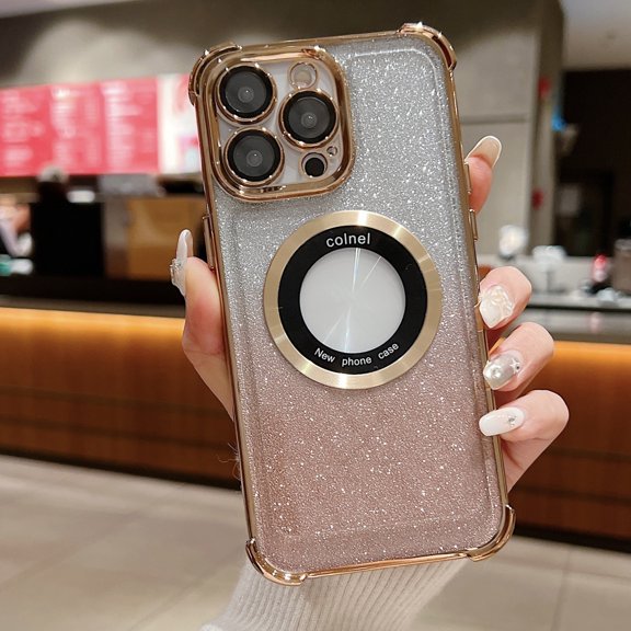 Compatible with iPhone 16 Pro Max Magnetic Gradient Glitter Case Luxury Plating Bling Soft TPU Clear Sparkle Case with MagSafe and Camera Lens Protector for Women Girls - Gold