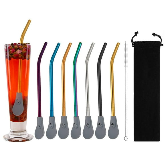 Wzzjkit Small Storage Bag, 7 PCS Stainless Steel Straws Spoon Colored Straw Detachable Drinking Straws with Cleaning Brushes and Storage Bag, Small Bag