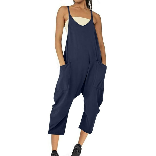 Cameland Plus Size Women Casual Jumpsuits Cold Shoulder Capris Pants Solid Suspender Straight Leg Pockets Rompers