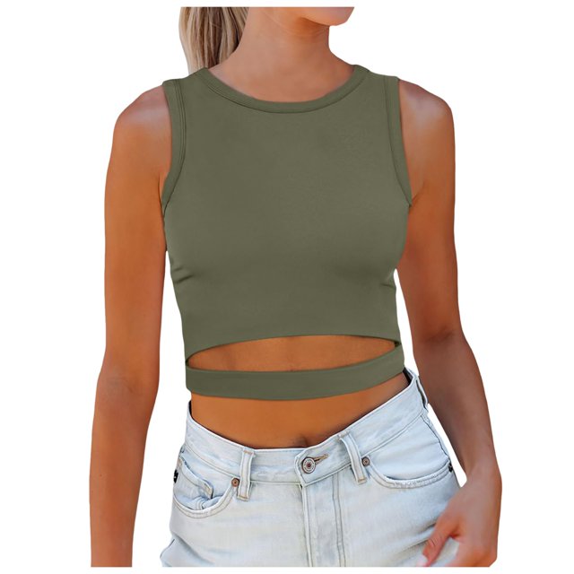 Toimothcn Womens Tank Top Summer Solid Color Crop Tops Sleeveless Racerback Crew Neck Stretchy Tank Top Suitable For Outdoor Activities