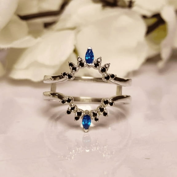 Blue Sapphire and Black Diamond Ring Guard- Delicate Wedding Ring Enhancer- Stackable Ring