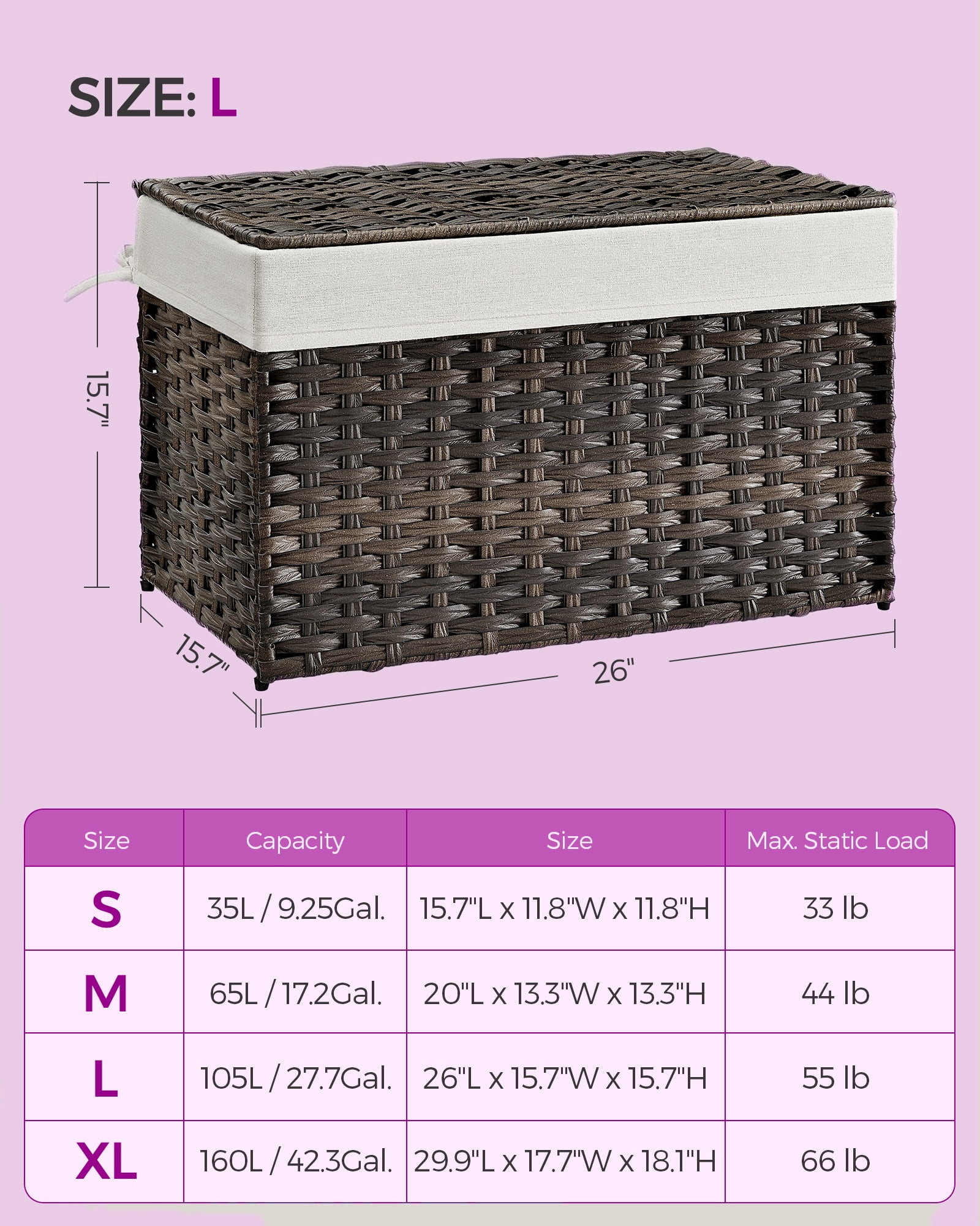 Brown Storage Basket with Lid, 27.7 Gallon (105L) Woven Bin. Features handles, removable liner, foldable design, and metal frame,