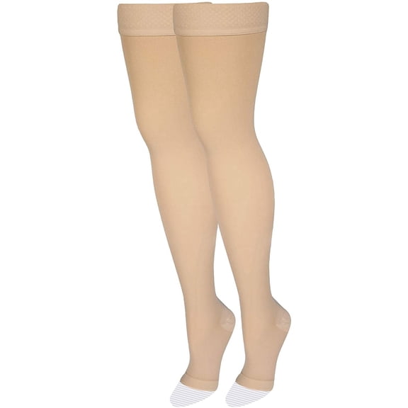 Medical Compression Stockings, 20-30 mmHg Support, Women & Men Thigh Length Hose, Open Toe, Beige,(Medium (1 Pair)