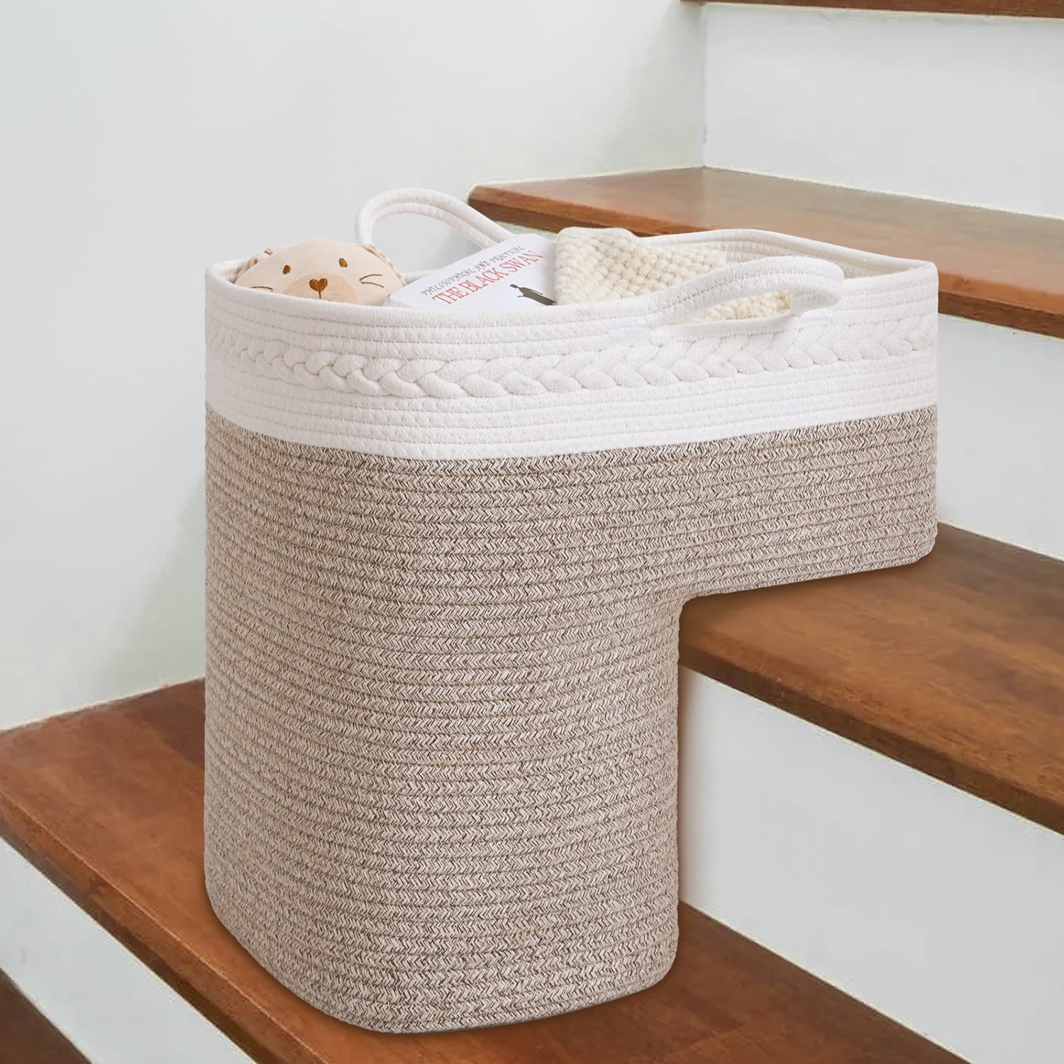 Natubeau Woven Storage Baskets, Brown Large Storage Basket with Handles for Wooden Stairs, Staircase Baskets for Organizing, 15"L x 10"W x 15"H