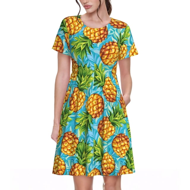 Bixox Robe d'Été à Manches Courtes pour Femmes Robe Ample Longueur Genou avec Poches-Ananas