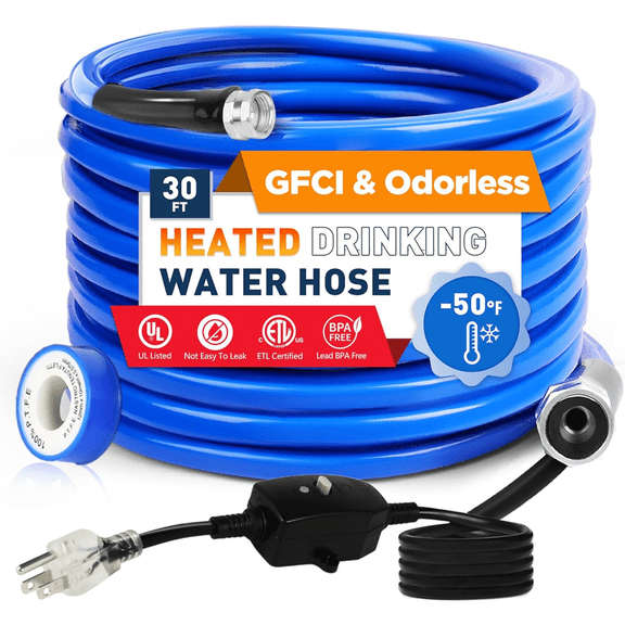 30FT Heated Drinking Water Hose, -50°F-46°C Heated Water Hose for RV with Leakage Protection for 5/8" Inner, Self-Regulating Hose Water Heater with 3/4" NH Fittings for RV & Garden