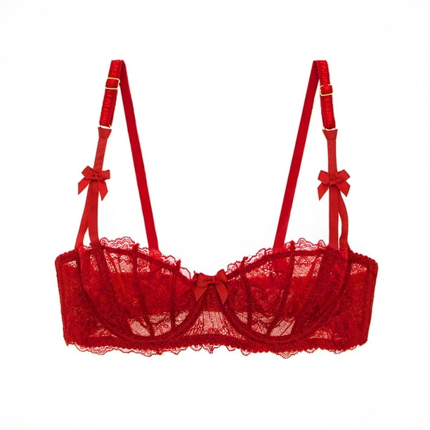 Aozowin Sexy Solid Unlined Balconette Demi-Cup Underwire Lace Bra Red ...