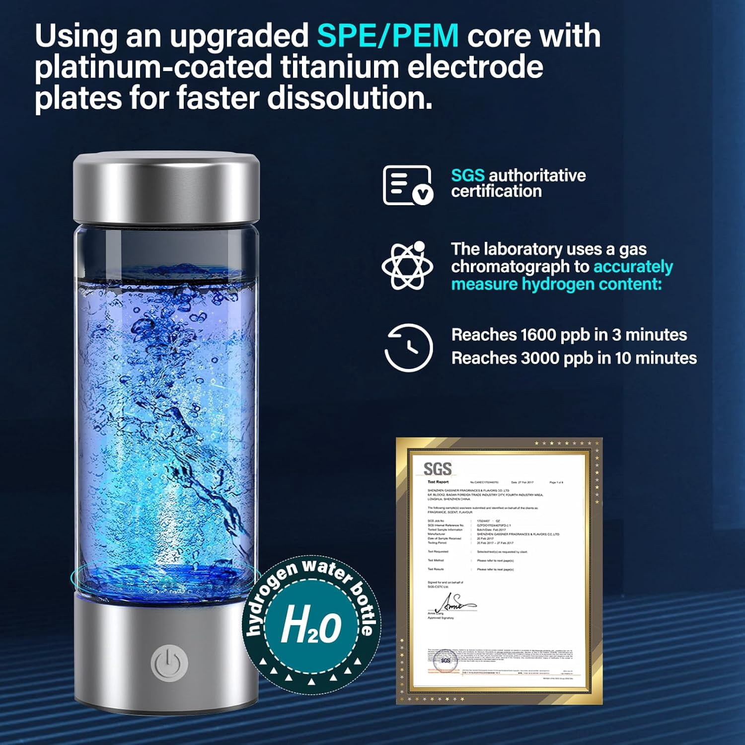 Hydrogen Water Bottle, 3000PPB Portable Hydrogen Water Ionizer Machine, Rechargeable Hydrogen Water Bottle Generator,with SPE & PEM, Hydrogen Water Cup for Exercise, Travel, Home, Office