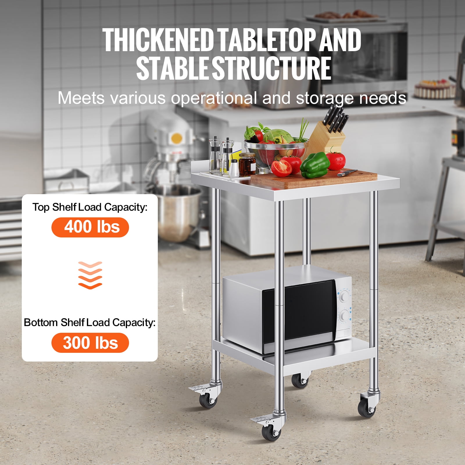 KFFKFF 24 x 24 x 40 Inch Stainless Steel Work Table, Commercial Food Prep Table with Wheels, Durable Metal Table with Adjustable Height for Kitchens, Restaurants, and Hotels