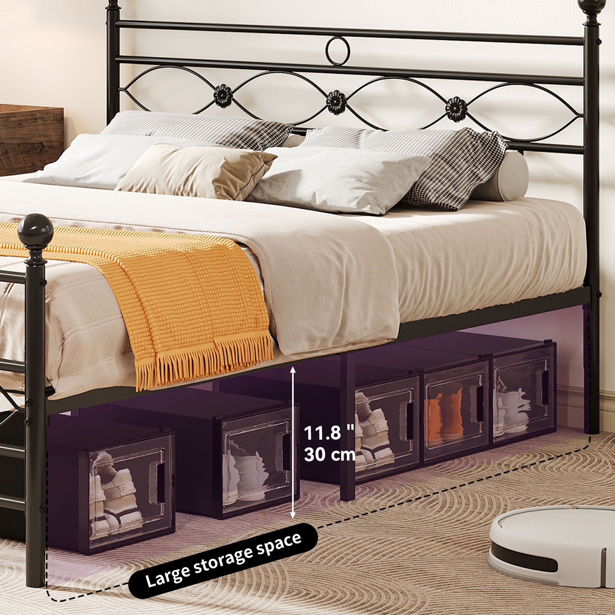 DEXTRUS Industrial Queen Platform Metal Bed Frame with Headboard & Soundproof Cotton