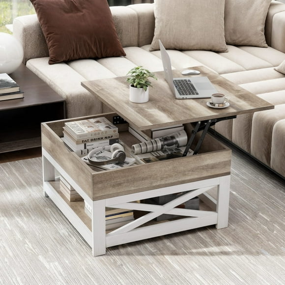 Square Lift Top Coffee Table with Storage, Farmhouse Center Cocktail Table for Living Room, Gray Wash