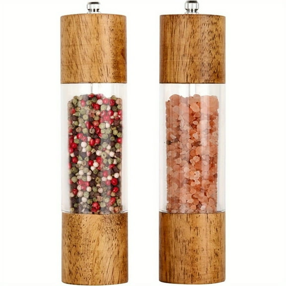 2pcs wood Pepper Grinder, 8 Inch Salt Mill Pepper Grinder, Pepper Mill, Salt Shakers with Adjustable Ceramic Rotor - 1 Pack Oak Wood Updated Acrylic Pepper Grinder for Your Kitchen