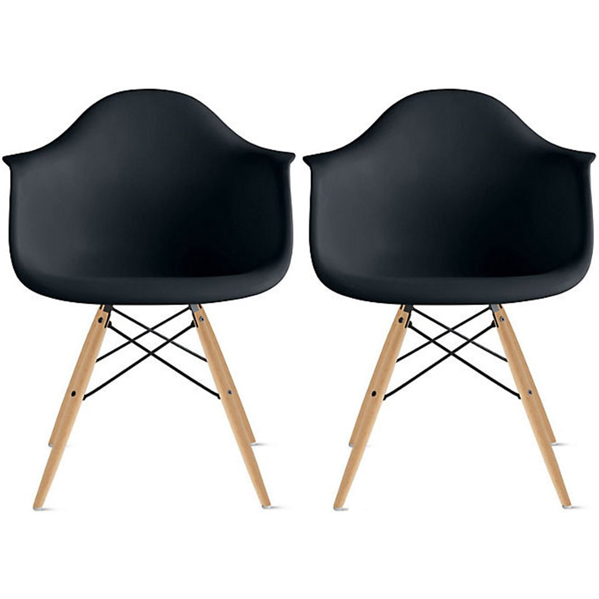 2xhome Set Of 2 Black Desk Chairs Mid Century Modern Plastic Dining Chair Molded Arms Armchairs Natural Wood Legs No Wheels Accent Vintage, Black Desk Chair No Wheels