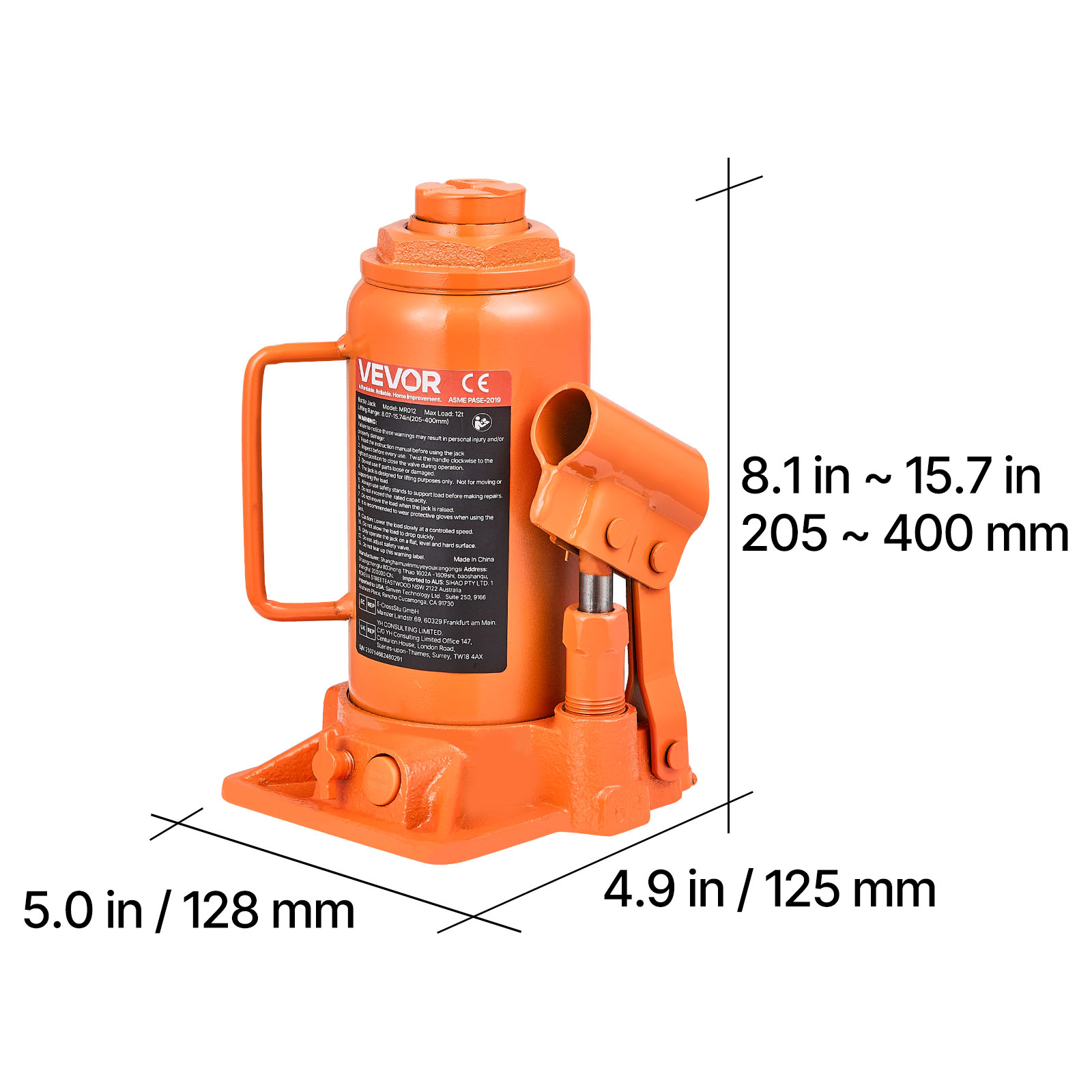 VEVOR Hydraulic Bottle Jack, 12 Ton (26455.5 lbs) Capacity, 8.1-15.7 Inch Lifting Range, Heavy Duty Welded Bottle Jack