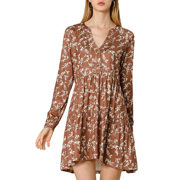 Unique Bargains Women's Floral V Neck Cinched Waist Long Sleeve Dress XS Brown