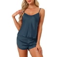 thumbnail image 1 of Conjuntos de pijamas de satén para mujer INSPIRE CHIC, top de tirantes con pantalones cortos, 2 piezas, ropa de dormir, conjunto de pijama de seda, azul marino, 1 of 5