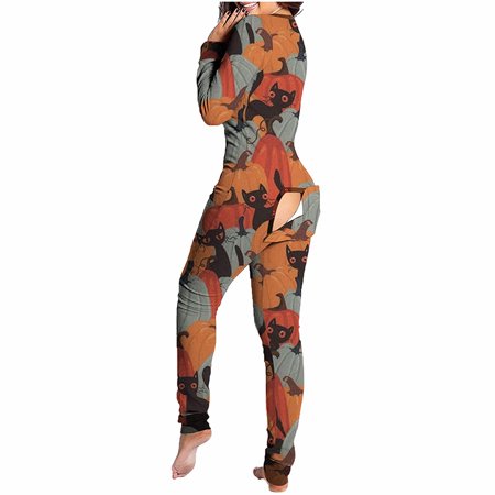 

Mchoice Halloween Pajamas Women One-piece Pajamas Fashion Butt Button Back Flap Jumpsuit Pajamas Onesies pajamas V-Neck Long Sleeve Bodysuit Rompers
