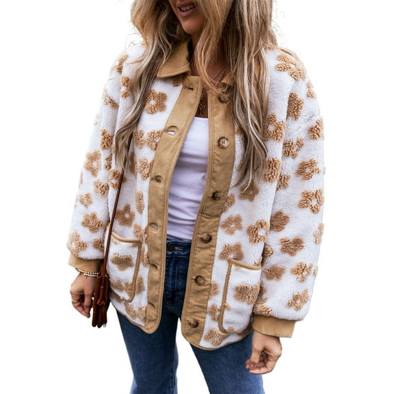 Women's Cozy Light French Beige Flower Pattern Button Up Fleece Jacket | [ZhiHiMeRi] | (US 20-22)2XL