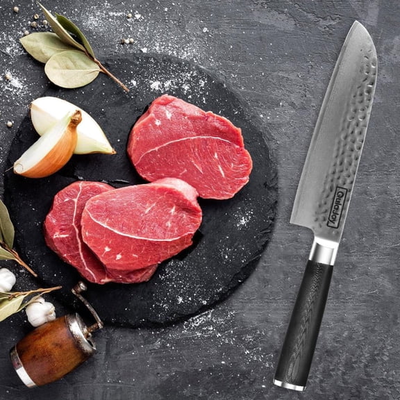 Qulajoy Santoku Knife 7 Inch - Ultra Sharp Japanese 67 Layers Damascus VG-10 Steel Core - Professional Hammered Chef Knife
