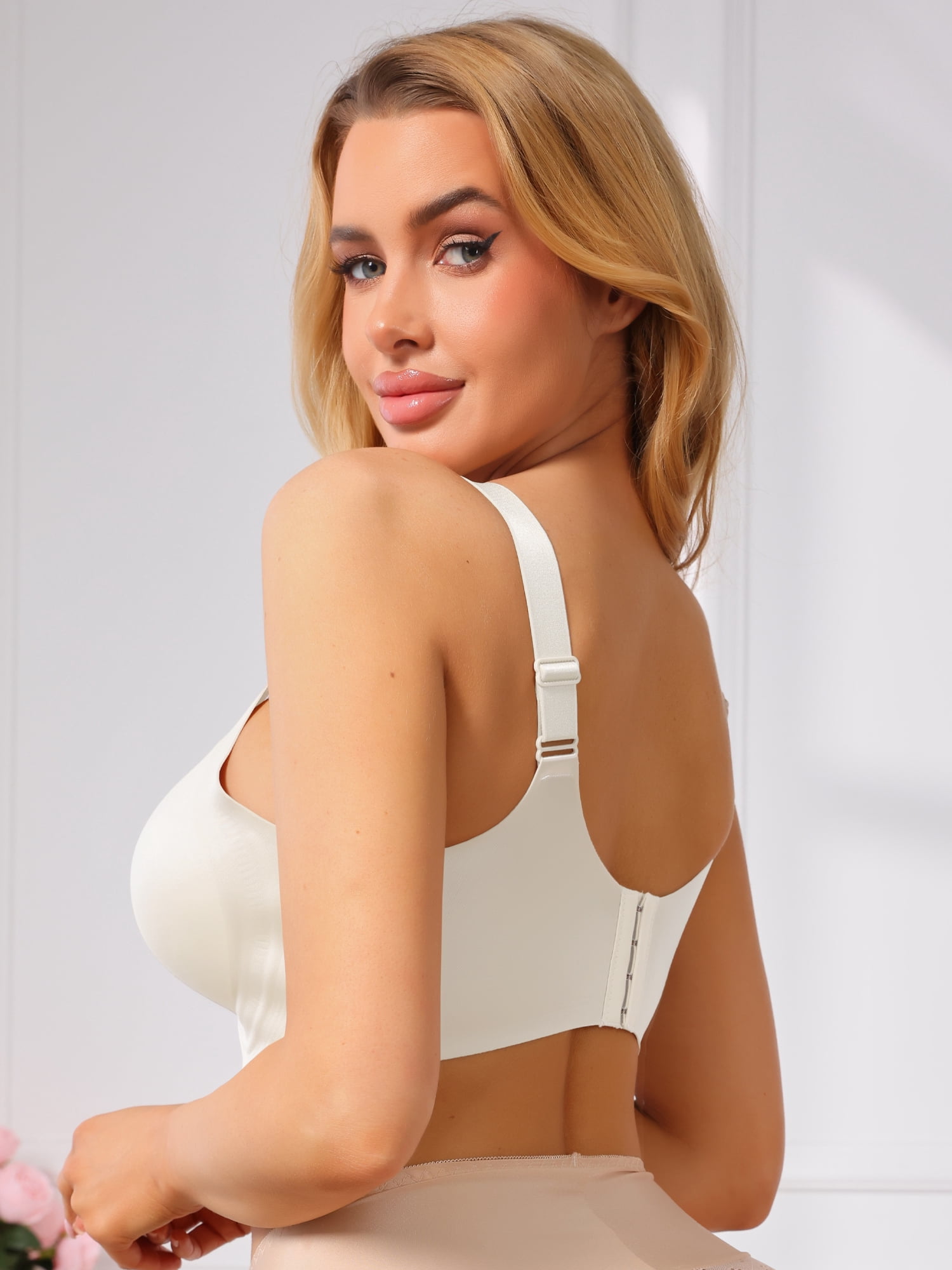 DARING DIVA Women's V Neck Seamless Wireless Wide Strap Soft Minimizer Bra XL White