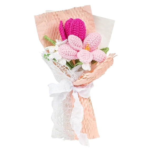 Crochet Flower Bouquet, Handmade Knitted Pink Flower Bouquet with Packing Faux Flowers Woven Flower Bouquet for Festival Valentines Day Gift Wedding Party Home Office Decor