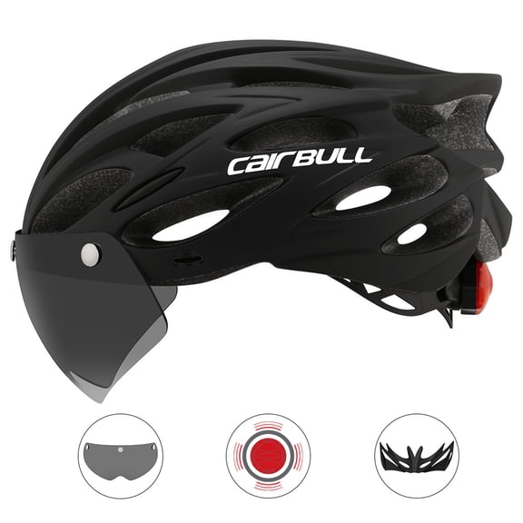 Cairbull Road Mountain Bike Riding Helmet with Visor & Taillight, Black, 21.3-24.0 in / 54-61 cm