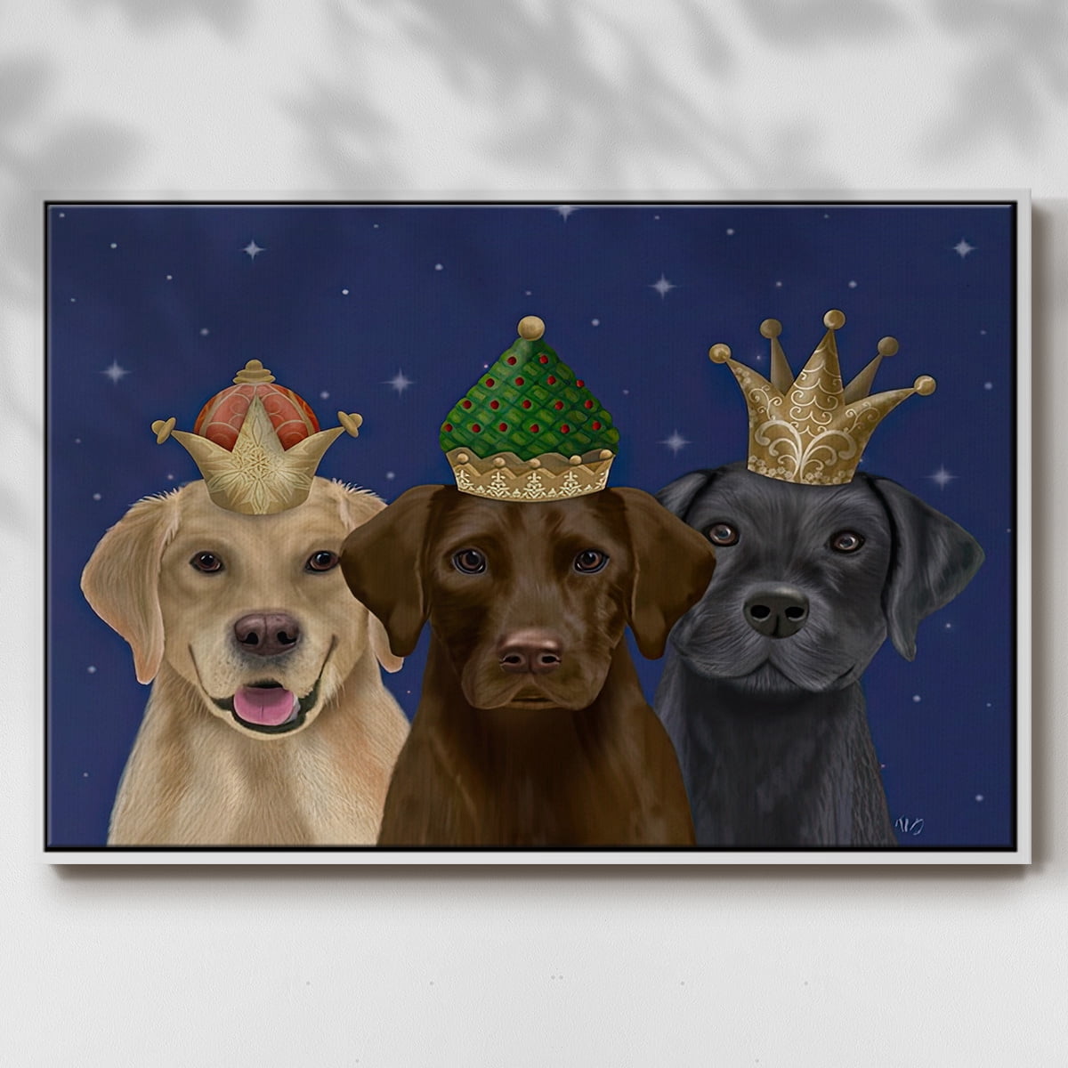 Christmas Labradors, Three Kings - Framed Gallery Wrapped Holiday Canvas - 25 x 37 - White Frame