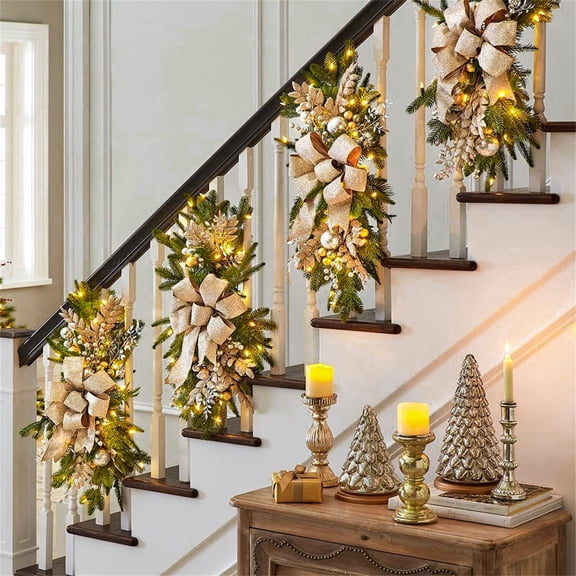 Christmas Pre-Lit Stair Decoration Set, 2 Pcs Cordless LED Wreath with Lights for Stairway and Railing, Battery-Operated Glowing Decor (2pcs)