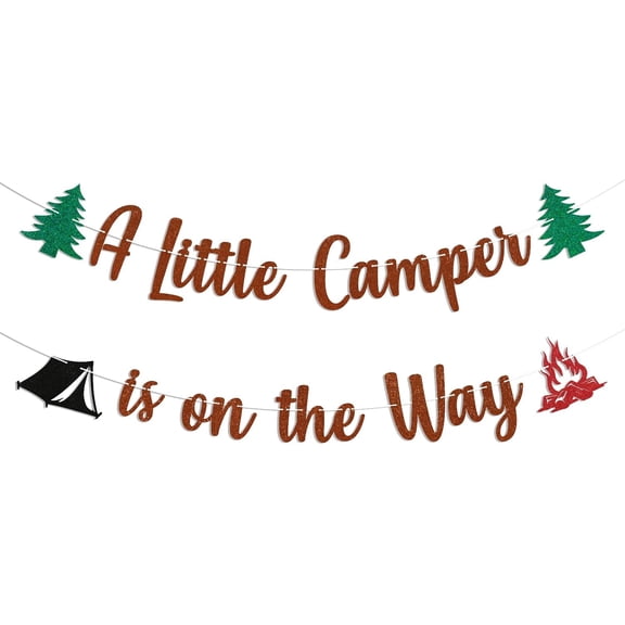 A Little Camper is on The Way Banner - Little Camper Party Decor, Camping Baby Shower Gender Reveal Party Decorations Brown Glitter