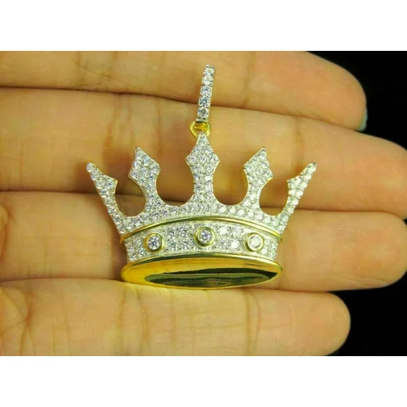 Aishvi Jewels Real Moissanite 1.5Ct Round Cut King Crown Pendant 14K Yellow Gold Plated Silver