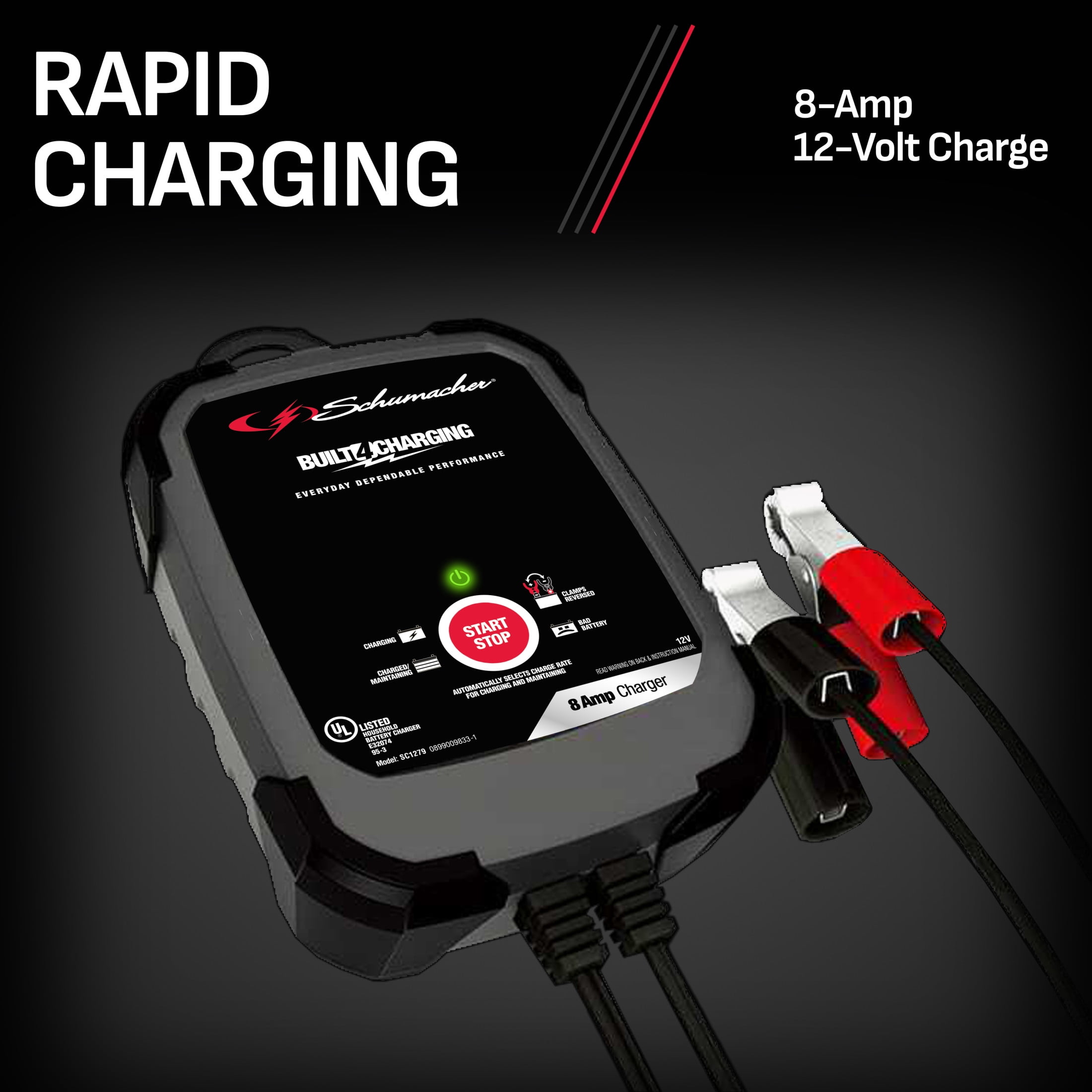 Schumacher Electric 8A Car Battery Charger and Maintainer, 3-in-1 Solution, 12V Sport, Auto, and Marine Batteries, SC1279