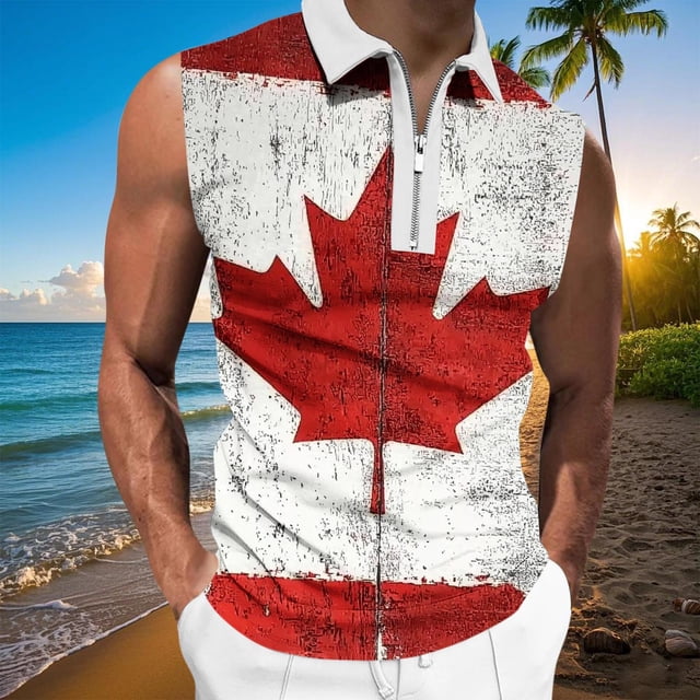 Camiseta sin mangas con cuello vuelto para hombre, informal, a la moda, sin mangas, con estampado y cremallera, blusa deportiva de poliéster para hombre