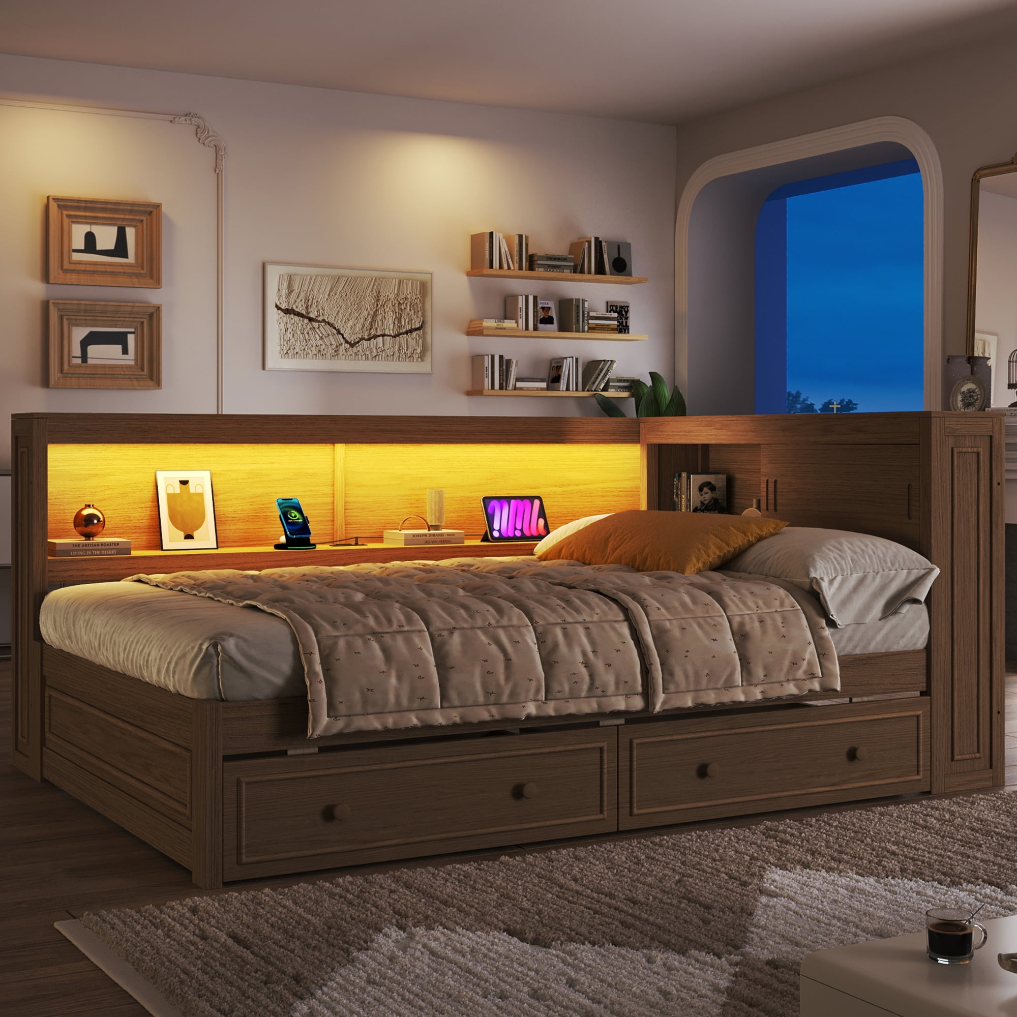 Euroco Full Size Wood Daybed with Storage Shelves and Drawers, Platform Bed with LED Light and USB Ports, Wood